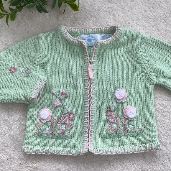 Hartstrings Other - Hartstrings Baby Mint Green Floral Embroidered Sweater Cardigan EUC 12M